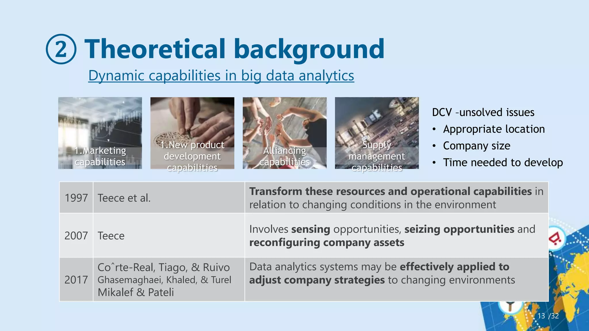 ② Theoretical background
/32
13
Dynamic capabilities in big data analytics
1997 Teece et al.
Transform these resources and operational capabilities in
relation to changing conditions in the environment
2007 Teece
Involves sensing opportunities, seizing opportunities and
reconfiguring company assets
2017
Coˆrte-Real, Tiago, & Ruivo
Ghasemaghaei, Khaled, & Turel
Mikalef & Pateli
Data analytics systems may be effectively applied to
adjust company strategies to changing environments
1.Marketing
capabilities
1.New product
development
capabilities
Alliancing
capabilities
Supply
management
capabilities
DCV –unsolved issues
• Appropriate location
• Company size
• Time needed to develop
 