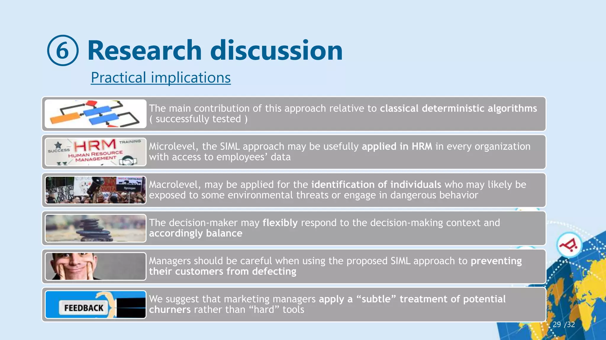 ⑥ Research discussion
/32
29
Practical implications
The main contribution of this approach relative to classical deterministic algorithms
( successfully tested )
Microlevel, the SIML approach may be usefully applied in HRM in every organization
with access to employees’ data
Macrolevel, may be applied for the identification of individuals who may likely be
exposed to some environmental threats or engage in dangerous behavior
The decision-maker may flexibly respond to the decision-making context and
accordingly balance
Managers should be careful when using the proposed SIML approach to preventing
their customers from defecting
We suggest that marketing managers apply a “subtle” treatment of potential
churners rather than “hard” tools
 