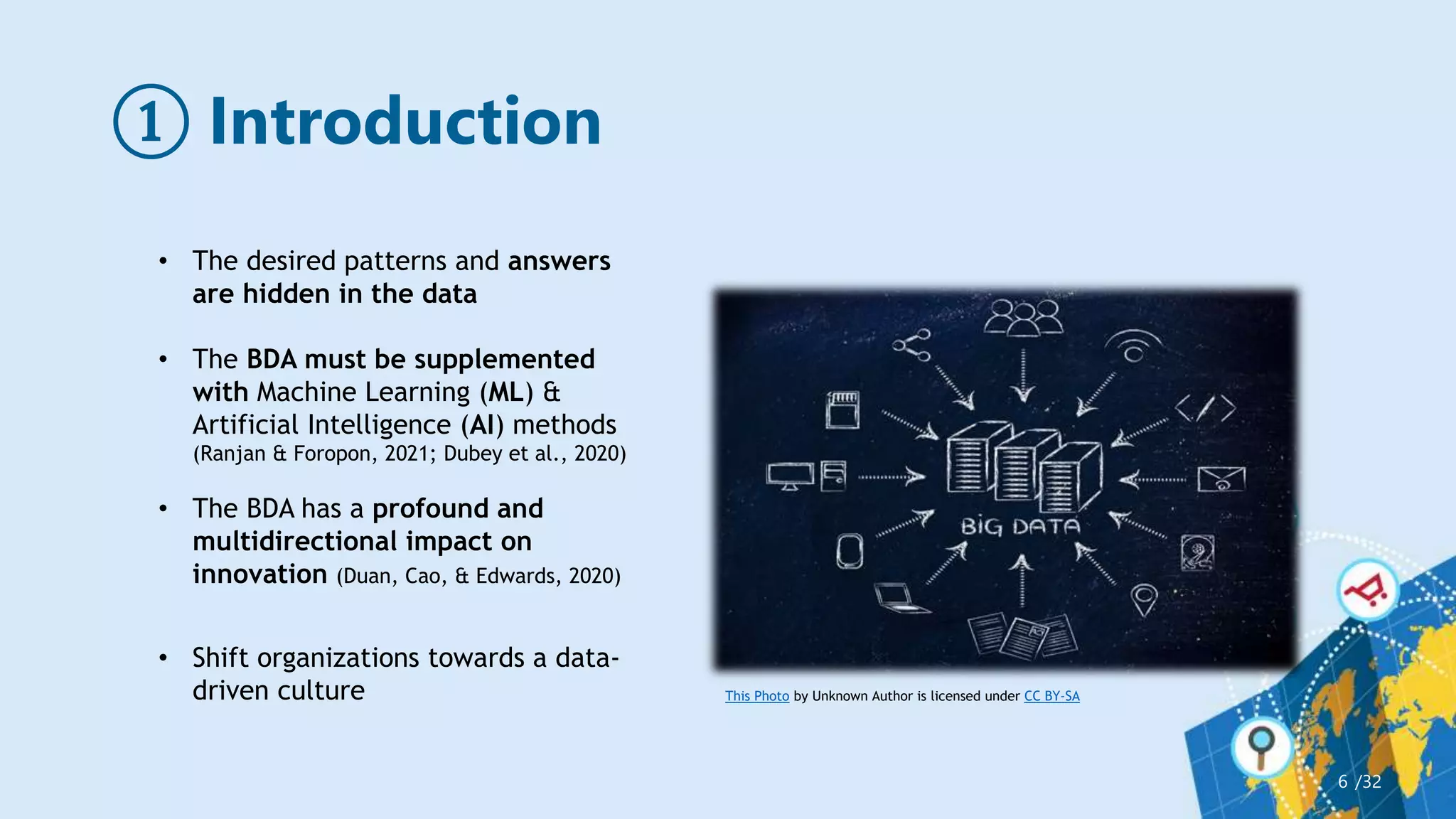 ① Introduction
/32
6
This Photo by Unknown Author is licensed under CC BY-SA
• The desired patterns and answers
are hidden in the data
• The BDA must be supplemented
with Machine Learning (ML) &
Artificial Intelligence (AI) methods
(Ranjan & Foropon, 2021; Dubey et al., 2020)
• The BDA has a profound and
multidirectional impact on
innovation (Duan, Cao, & Edwards, 2020)
• Shift organizations towards a data-
driven culture
 