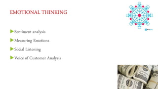 EMOTIONAL THINKING
Sentiment analysis
Measuring Emotions
Social Listening
Voice of Customer Analysis
 