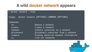$ docker network --help
Usage: docker network [OPTIONS] COMMAND [OPTIONS]
Commands:
rm Remove a network
create Create a network
connect Connect container to a network
disconnect Disconnect container from a network
inspect Display detailed network information
ls List all networks
A wild docker network appears
 