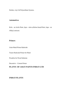 finishes, viny I & Polyurethane Systems.
Automotives
Kirlo – an Acrlic Paint, Apca – nitro-cellulose based Paint, Aspa – an
Allkyd, autocare.
Primers
Asian Metal Primer Redoxide
Tractor Redoxide Primer for Metal
Woodrite for Wood Substrate
Decorative – Cement Primer
PLANTS OF ASIAN PAINTS INDIAN LTD
INDIAN PLANTS
 