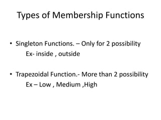 2.Membership Functions (MFs)Linguistic terms – Fuzzy Terms called as Linguistic Terms.Definition-These are the input or output variables of the system whose values are words or sentences from a natural language instead of numerical values.Characteristics of MFs:Subjective measuresNot probability functions