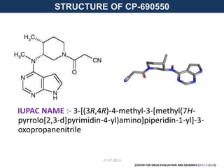 IUPAC NAME :- 3-[(3R,4R)-4-methyl-3-[methyl(7H-
pyrrolo[2,3-d]pyrimidin-4-yl)amino]piperidin-1-yl]-3-
oxopropanenitrile
STRUCTURE OF CP-690550
CENTER FOR DRUG EVALUATION AND RESEARCH (NDA 213214)
27-07-2013
 
