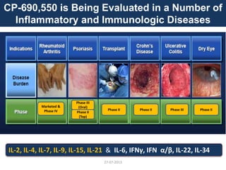Marketed &
Phase IV Phase II Phase II Phase III Phase II
IL-2, IL-4, IL-7, IL-9, IL-15, IL-21 & IL-6, IFNγ, IFN α/β, IL-22, IL-34
CP-690,550 is Being Evaluated in a Number of
Inflammatory and Immunologic Diseases
Phase III
(Oral)
Phase II
(Top)
27-07-2013
 