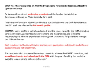 What was Pfizer's response on Arthritis Drug Xeljanz (tofacitinib) Receives A Negative
Opinion In Europe
Dr. Yvonne Greenstreet, senior vice president and the head of the Medicines
Development Group for Pfizer Specialty Care, said:
"We have confidence in XELJANZ and believe our application to the EMA demonstrates
that XELJANZ has a favorable risk:benefit profile.
XELJANZ's safety profile is well-characterized, and the issues raised by the EMA, including
serious infections, gastrointestinal perforations and malignancies, are familiar to
rheumatologists who are experienced working with treatments for patients to manage
this difficult disease.
Each regulatory authority will review and interpret applications individually and different
assessments are not uncommon.
The re-examination process will enable us to seek to address the CHMP's questions, and
we will continue to work closely with the EMA with the goal of making this medicine
available to appropriate patients in Europe."
27-07-2013
 
