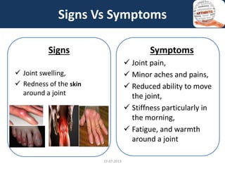Signs
 Joint swelling,
 Redness of the skin
around a joint
Symptoms
 Joint pain,
 Minor aches and pains,
 Reduced ability to move
the joint,
 Stiffness particularly in
the morning,
 Fatigue, and warmth
around a joint
Signs Vs Symptoms
27-07-2013
 