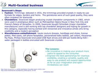 Multi-faceted business
Swarovski’s Steps:
 Fashion: Trimmings: debuted in 1931, the trimmings provided crystals in ready-to-use
formats for edges, borders and hems. The gemstones were of such good quality, they were
often mistaken for diamonds
 Chandeliers: Swarovski began producing crystal chandelier components in 1965, which
were used in prestigious décor such as Metropolitan Opera House in New York City and
France’s Palace of Versailles. In 2009, Swarovski bought Schonbek (major chandelier
manufacturer) and is still working with top chandelier designers and hoping for growth in
this category, especially having worked with renowned and innovative artists who bring
credibility and a modern perception
 Miscellaneous embellishment: haute couture dresses, handbags and shoes, license
plates, iPod cases, cell phone faceplates, personalized baby bottles, pet collars, Havaianas
flip flops, Phillips Swarovski-encrusted USB flash drives and $50-per-bottle Bling H20—
water packaged in bottles encrusted with Swarovski crystals.

The Lessons:
 Be innovative in making your product more
useful to appeal to the consumer.
 Engineer the best partnerships for vicarious
credibility, creating a versatile, quality and
easy to use product will expand opportunities
as far as your imagination and openmindedness can reach
http://www.independent.co.uk/life-style/fashion-the-glitter-band-1192411.html
http://www.brandchannel.com/features_profile.asp?pr_id=439
©XPotential 2010

17

 