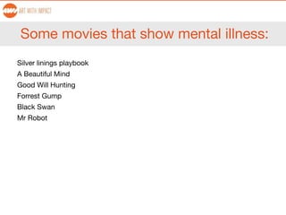 Some movies that show mental illness:
Silver linings playbook
A Beautiful Mind
Good Will Hunting
Forrest Gump
Black Swan
Mr Robot
 