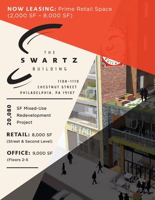 N OW LE A S I N G : Prime Retail Space
(2,000 SF – 8,000 SF)
RETAIL: 8,000 SF
(Street & Second Level)
OFFICE: 9,000 SF
(Floors 2-5
SF Mixed-Use
Redevelopment
Project
20,080
1 1 0 8 - 1 1 1 0
C H E S T N U T S T R E E T
P H I L A D E L P H I A , P A 1 9 1 0 7
 