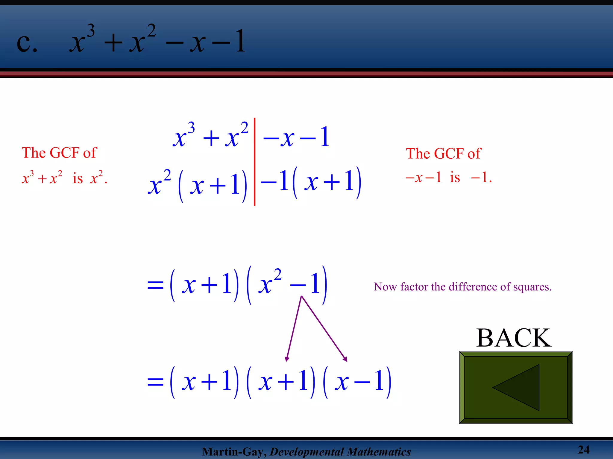 Martin-Gay, Developmental Mathematics 24
BACK
3 2
c. 1x x x+ − −
( ) ( )
( ) ( )
( ) ( ) ( )
3 2
2
2
1
1 11
1 1
1 1 1
x x x
xx x
x x
x x x
+ − −
− ++
= + −
= + + −
3 2 2
The GCF of
is .x x x+
The GCF of
1 is 1.x− − −
Now factor the difference of squares.
 
