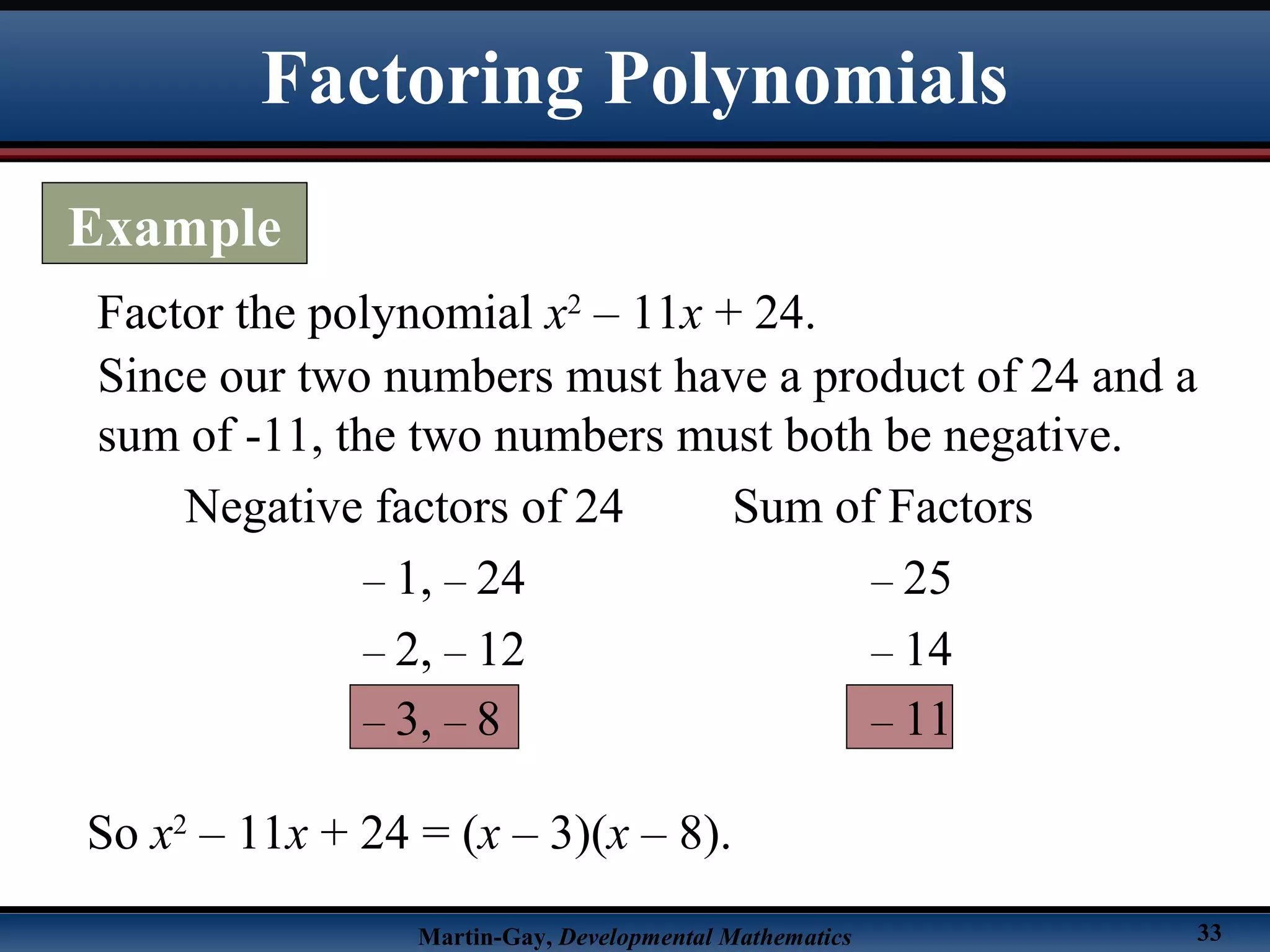 Martin-Gay, Developmental Mathematics 33
Factor the polynomial x2
– 11x + 24.
Since our two numbers must have a product of 24 and a
sum of -11, the two numbers must both be negative.
Negative factors of 24 Sum of Factors
– 1, – 24 – 25
– 2, – 12 – 14
– 3, – 8 – 11
So x2
– 11x + 24 = (x – 3)(x – 8).
Factoring Polynomials
Example
 