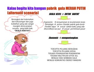 Kalau begitu kita bangun pabrik gula MERAH PUTIH
(alternatif scenario)     SKALA KECIL UNTUK RAKYAT

  Berangkat dari kelemahan
   dan kekurangan dan juga
               g       j g    Ergonomis       kenyamanan & keselamatan kerja
                                                                           kerja.
  kelebihan yang ada sangat    Teknologis      proses Standar pabrik gula besar
     mungkin direncanakan      Flexible input     sesuai bahan baku yang ada
    sesuatu yang lebih baik   Diversifikasi out put    sesuai permintaan pasar
      “SKALA RAKYAT”


                                    Ekonomis       menguntungkan.



                                     TERCIPTA PELUANG BERUSAHA
                                         C       U G       US
                                       TERCIPTA PELUANG KERJA
                                   TERJADI PENINGKATAN PENDAPATAN
                                     TERJADI MULTIPLIER EFFEK DLL
                                      MENUJU SWA SEMBADA GULA
                                  MENUJU KOMUNITAS ENERGY MANDIRI
 