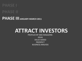 PHASE IPHASE IIPHASE III JANUARY-MARCH 2011ATTRACT INVESTORSPROFILED BY SWA MAGAZINE:IDEASVALUE ADDEDPROSPECTBUSINESS ANALYSIS