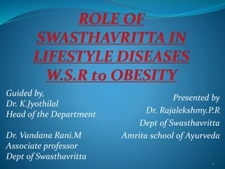 Presented by
Dr. Rajalekshmy.P.R
Dept of Swasthavritta
Amrita school of Ayurveda
1
Guided by,
Dr. K.Jyothilal
Head of the Department
Dr. Vandana Rani.M
Associate professor
Dept of Swasthavritta
 