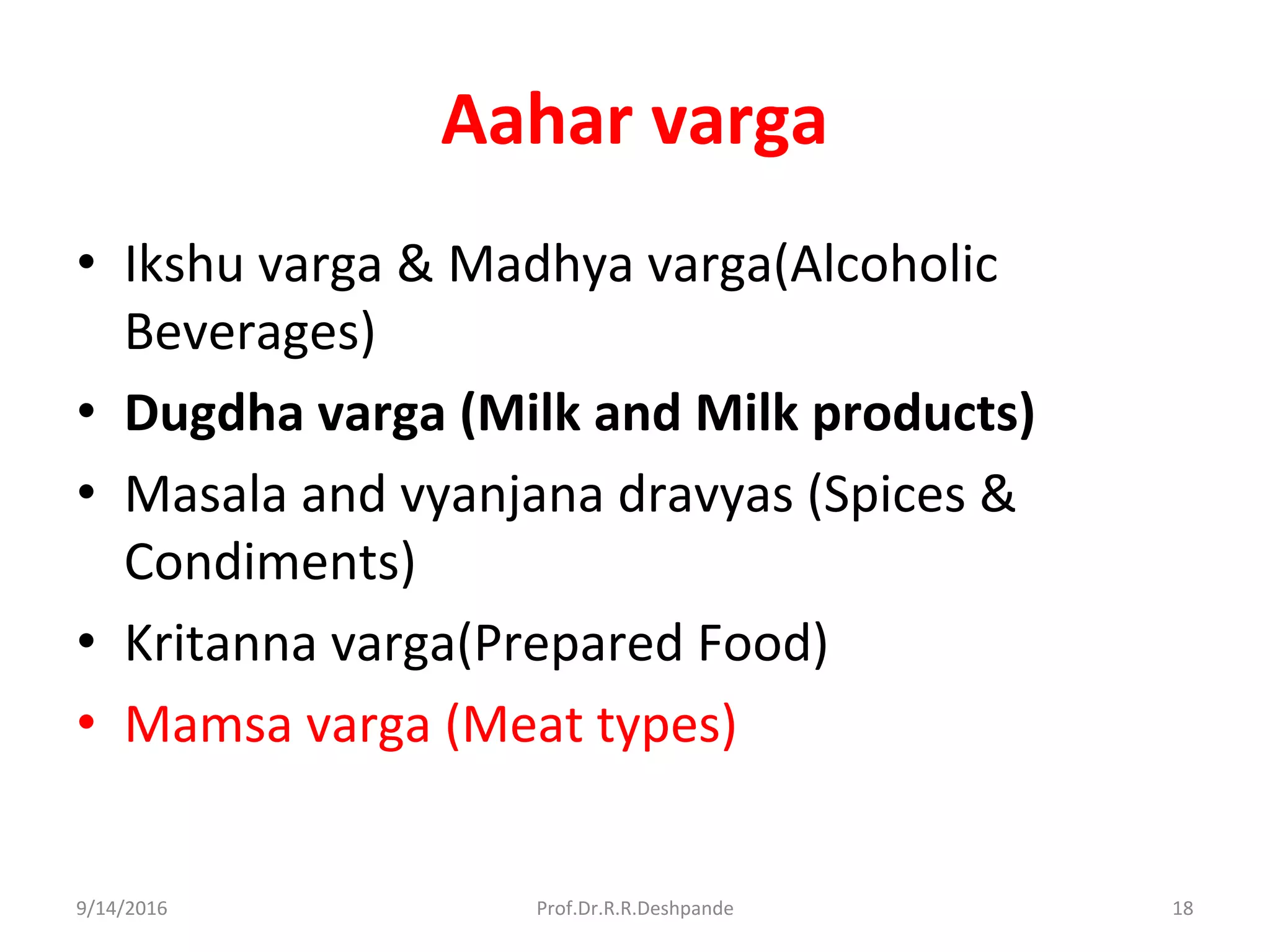 Aahar varga
• Ikshu varga & Madhya varga(Alcoholic
Beverages)
• Dugdha varga (Milk and Milk products)
• Masala and vyanjana dravyas (Spices &
Condiments)
• Kritanna varga(Prepared Food)
• Mamsa varga (Meat types)
9/14/2016 18Prof.Dr.R.R.Deshpande
 