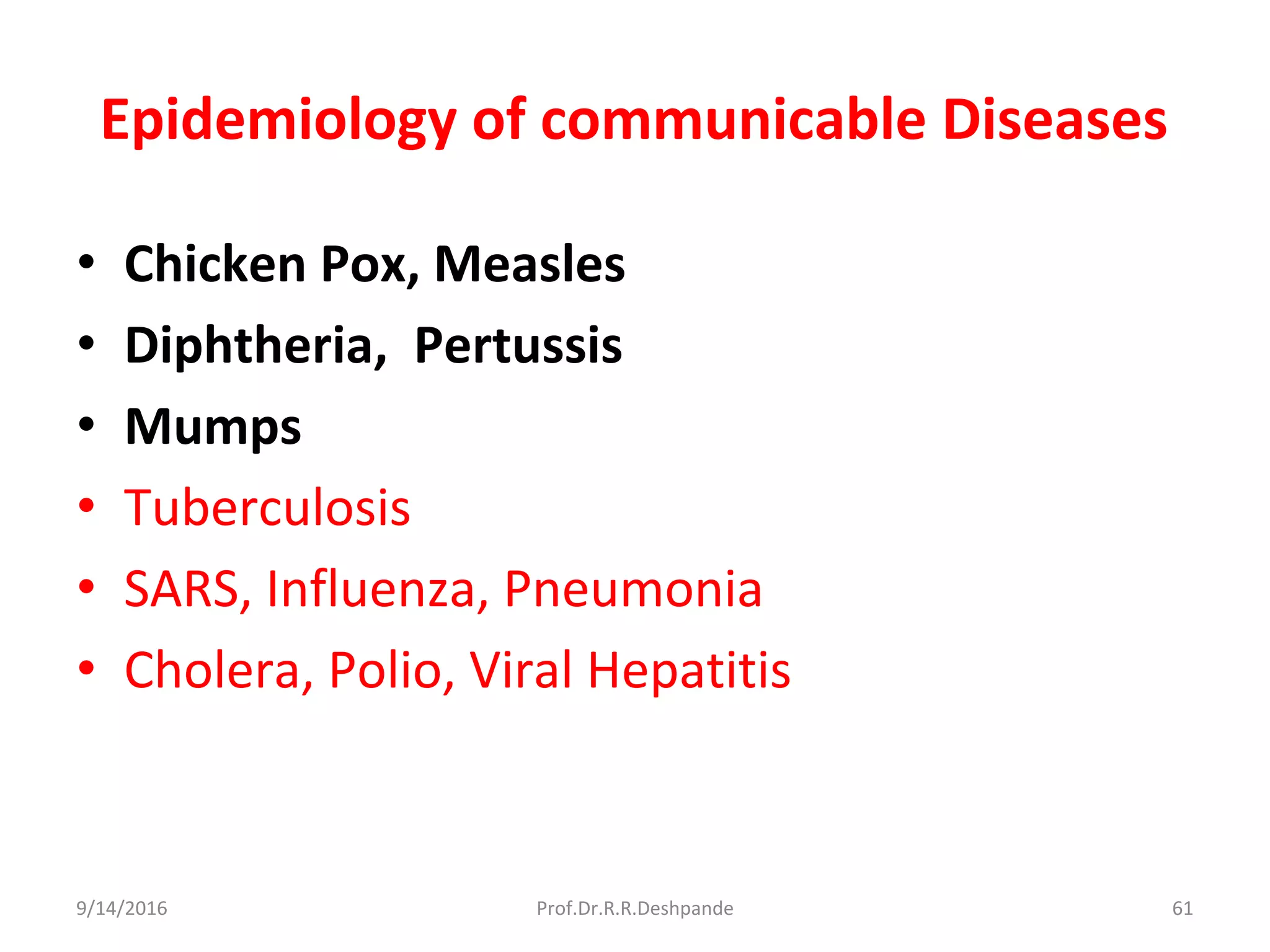 Epidemiology of communicable Diseases
• Chicken Pox, Measles
• Diphtheria, Pertussis
• Mumps
• Tuberculosis
• SARS, Influenza, Pneumonia
• Cholera, Polio, Viral Hepatitis
9/14/2016 61Prof.Dr.R.R.Deshpande
 