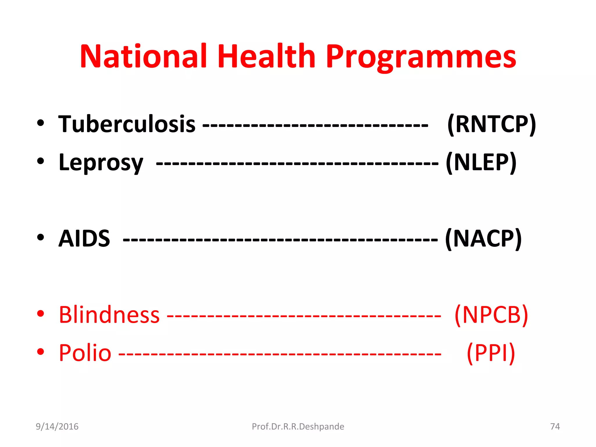 National Health Programmes
• Tuberculosis ---------------------------- (RNTCP)
• Leprosy ----------------------------------- (NLEP)
• AIDS --------------------------------------- (NACP)
• Blindness ---------------------------------- (NPCB)
• Polio ---------------------------------------- (PPI)
9/14/2016 74Prof.Dr.R.R.Deshpande
 