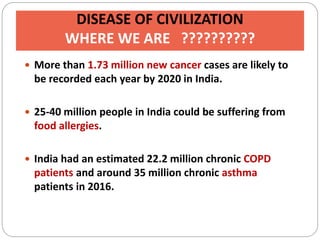 DISEASE OF CIVILIZATION
WHERE WE ARE ??????????
 More than 1.73 million new cancer cases are likely to
be recorded each year by 2020 in India.
 25-40 million people in India could be suffering from
food allergies.
 India had an estimated 22.2 million chronic COPD
patients and around 35 million chronic asthma
patients in 2016.
 
