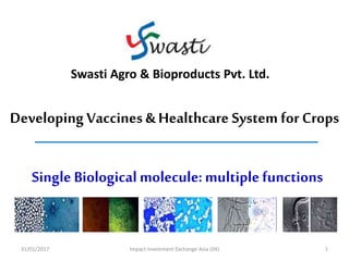 Developing Vaccines & Healthcare System for Crops
Swasti Agro & Bioproducts Pvt. Ltd.
Single Biological molecule:multiple functions
31/01/2017 Impact Investment Exchange Asia (IIX) 1
 