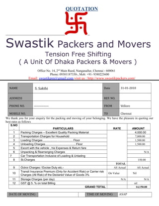 QUOTATION
Swastik Packers and Movers
Tension Free Shifting
( A Unit Of Dhaka Packers & Movers )
Office No. 14, 2nd
Main Raod, Nanganallur, Chennai - 600061
Phone: 09381187330-, Mob: +91- 9380223600
Email: swastikpm@gmail.com visit us : http://www.swastikpackers.com/
NAME S. Sakthi Date 31-01-2018
ADDRESS REF. NO.
PHONE NO. -------------- FROM Vellore
MOBILE NO. TO Chennai
We thank you for your enquiry for the packing and moving of your belonging. We have the pleasure in quoting our
best rates as follows
S.NO
. PARTICULARS RATE AMOUNT
1 Packing Charges – Excellent Quality Packing Material 4,000.00
2 Transportation Charges for Household 7,000.00
3 Loading Charges …………… …………… Floor 1,500.00
4 Unloading Charges………………………….. Floor 1,500.00
5 Escort with the vehicle , his Expenses & Return fare
6 Unpacking & Rearranging Charges N/A
7 Car Transportation Inclusive of Loading & Unlading
8 St.Charges 150.00
TOTAL
9 Octroi Charges / Excise Duty etc.- AS Actual AS Actual
10
Transit Insurance Premium (Only for Accident Risk) or Carrier risk
Charges (All Risk) of the Declared Value of Goods 3%
On Value Nil
11 Storage Charges (per day) N/A N/A
12 GST @ 5. % on total Billing nil
GRAND TOTAL 14,150.00
DATE OF MOVING TIME OF MOVING ASAP
 