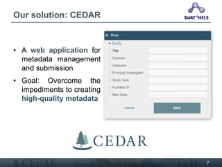 7
Our solution: CEDAR
• A web application for
metadata management
and submission
• Goal: Overcome the
impediments to creat...