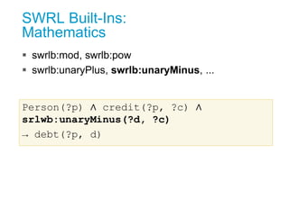 SWRL Built-Ins:
Mathematics
 swrlb:mod, swrlb:pow
 swrlb:unaryPlus, swrlb:unaryMinus, ...
Person(?p) ∧ credit(?p, ?c) ∧
...