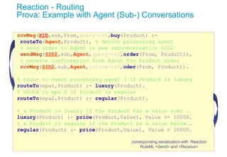 Reaction - Routing
Prova: Example with Agent (Sub-) Conversations
rcvMsg(XID,esb,From,query-ref,buy(Product) :-
routeTo(Ag...