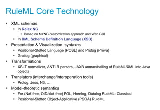 RuleML Core Technology
 XML schemas
 In Relax NG
 Based on MYNG customization approach and Web GUI
 In XML Schema Defi...