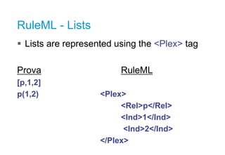 RuleML - Lists
 Lists are represented using the <Plex> tag
Prova RuleML
[p,1,2]
p(1,2) <Plex>
<Rel>p</Rel>
<Ind>1</Ind>
<...