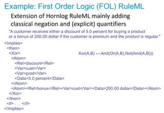 Example: First Order Logic (FOL) RuleML
Extension of Hornlog RuleML mainly adding
classical negation and (explicit) quanti...