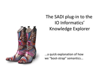 The SADI plug-in to the
    IO Informatics’
 Knowledge Explorer




...a quick explanation of how
we “boot-strap” semantics...
 