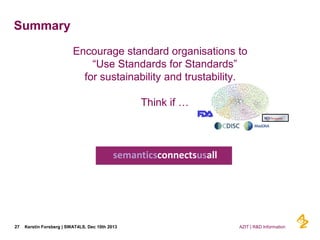 Summary
Encourage standard organisations to
“Use Standards for Standards”
for sustainability and trustability.
Think if …
...