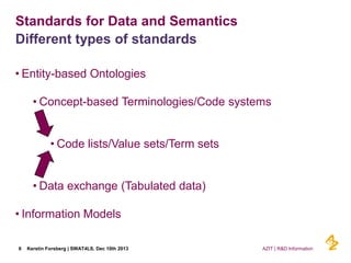 Standards for Data and Semantics
Different types of standards
• Entity-based Ontologies
• Concept-based Terminologies/Code...
