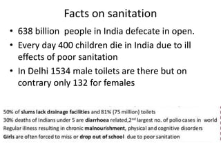 Facts on sanitation
• 638 billion people in India defecate in open.
• Every day 400 children die in India due to ill
effects of poor sanitation
• In Delhi 1534 male toilets are there but on
contrary only 132 for females
 