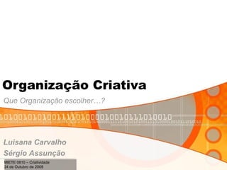 Organização Criativa Que Organização escolher…? Luisana Carvalho Sérgio Assunção MIETE 0810 – Criatividade 24 de Outubro de 2008 