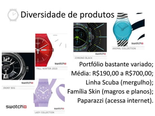 Diversidade de produtos




               Portfólio bastante variado;
            Média: R$190,00 a R$700,00;
                  Linha Scuba (mergulho);
           Família Skin (magros e planos);
              Paparazzi (acessa internet).
 