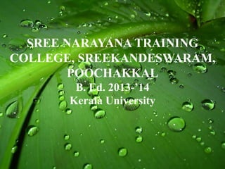 SREE NARAYANA TRAINING
COLLEGE, SREEKANDESWARAM,
POOCHAKKAL
B. Ed. 2013-’14
Kerala University
 