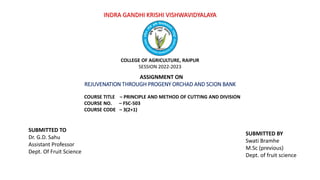 INDRA GANDHI KRISHI VISHWAVIDYALAYA
COLLEGE OF AGRICULTURE, RAIPUR
SESSION 2022-2023
ASSIGNMENT ON
REJUVENATION THROUGH PROGENY ORCHAD AND SCION BANK
COURSE TITLE – PRINCIPLE AND METHOD OF CUTTING AND DIVISION
COURSE NO. – FSC-503
COURSE CODE – 3(2+1)
SUBMITTED TO
Dr. G.D. Sahu
Assistant Professor
Dept. Of Fruit Science
SUBMITTED BY
Swati Bramhe
M.Sc (previous)
Dept. of fruit science
 