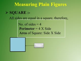 Measuring Plain Figures
 SQUARE :-
All sides are equal in a square, therefore,
No. of sides = 4
Perimeter = 4 X Side
Area of Square: Side X Side
Side
 