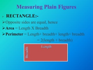 Measuring Plain Figures
 RECTANGLE:-
Opposite sides are equal, hence
Area = Length X Breadth
Perimeter = Length+ breadth+ length+ breadth
= 2(length + breadth)
 