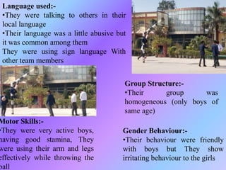 Language used:-
•They were talking to others in their
local language
•Their language was a little abusive but
it was common among them
They were using sign language With
other team members
Group Structure:-
•Their group was
homogeneous (only boys of
same age)
Gender Behaviour:-
•Their behaviour were friendly
with boys but They show
irritating behaviour to the girls
Motor Skills:-
•They were very active boys,
having good stamina, They
were using their arm and legs
effectively while throwing the
ball
 
