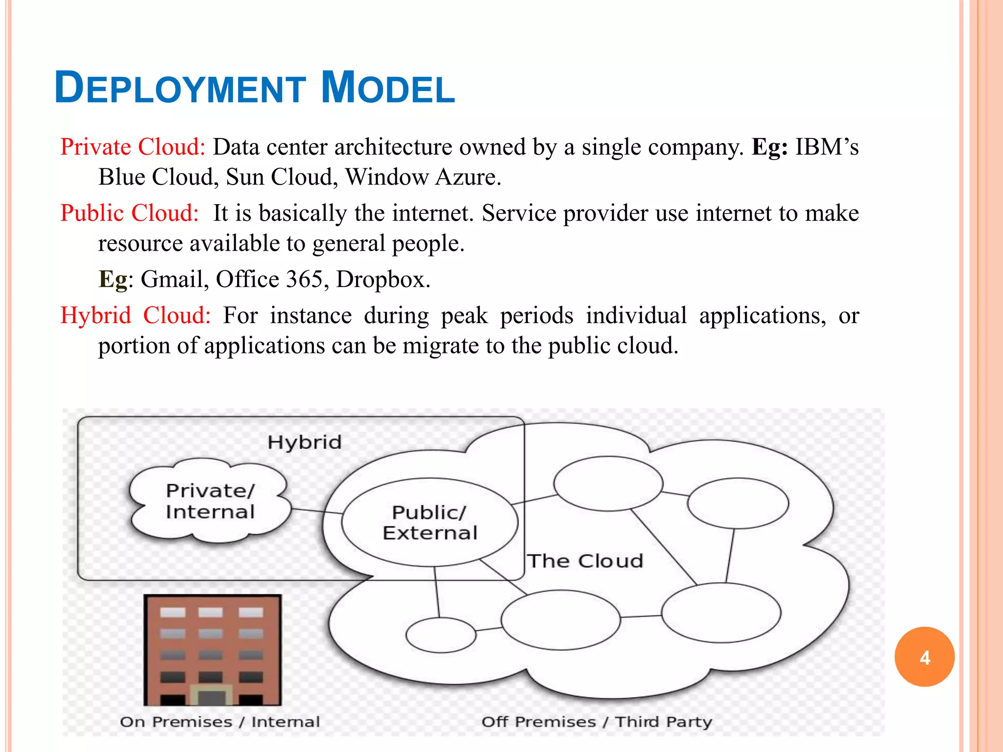 DEPLOYMENT MODEL
Private Cloud: Data center architecture owned by a single company. Eg: IBM’s
Blue Cloud, Sun Cloud, Window Azure.
Public Cloud: It is basically the internet. Service provider use internet to make
resource available to general people.
Eg: Gmail, Office 365, Dropbox.
Hybrid Cloud: For instance during peak periods individual applications, or
portion of applications can be migrate to the public cloud.
4
 
