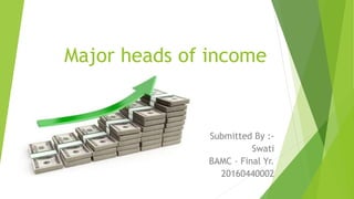 Major heads of income
Submitted By :-
Swati
BAMC – Final Yr.
20160440002
 