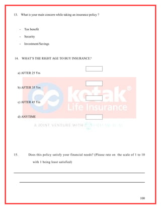 13.       What is your main concern while taking an insurance policy ?



      -     Tax benefit

      -     Security

      -     Investment/Savings



14.       WHAT’S THE RIGHT AGE TO BUY INSURANCE?



   a) AFTER 25 Yrs



   b) AFTER 35 Yrs



   c) AFTER 45 Yrs



   d) ANYTIME




15.            Does this policy satisfy your financial needs? (Please rate on the scale of 1 to 10

                   with 1 being least satisfied)




                                                                                              100
 