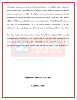 Following the implementation of reforms in the securities industry during the last decade, Indian stock

markets have graduated to a better position vis-à-vis the securities market in developed and emerging

markets. As may be seen from Table 1-2, India has a turnover ratio, which is comparable to the other

developed market, and also one of the highest in the emerging markets. At the end of 2003, Standard

and Poor’s (S&P) ranked India 17th in terms of market capitalization (19th in 2002), 16th in terms of

total value traded in stock exchanges (17th in 2002) and 6th in terms of turnover ratio (7th in 2002).

India has the number one ranking in terms of listed securities on the Exchanges followed by the USA.



These data, though quite impressive, do not reflect the full Indian market, as S&P (even other

international publications) does not cover the whole market. For example, India has more than 9000

listed companies at the end of March 2004, while S&P considers only 5,644 companies. If whole

market were taken into consideration, India’s position vis-à-vis other countries would be much better.




                               Dependence on Securities Market



                                         Corporate Sector




                                                                                                     65
 