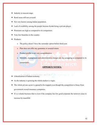  Industry in nascent stage.

 Rural areas still not covered.

 Not very known among Indian population.

 Lack of credibility among the people because Kotak being a private player.

 Premiums are high as compared to its competitors.

 Very few branches in the country.

 Products:

       » The policy doesn’t have the surrender option before third year.

       » Plan does not offer any guarantee or assured return.

       » Product profile is not very comprehensive.

       » Mortality, management and administrative charges are sky scrapping as compared to its

           competitors.

                                        OPPORTUNITIES:



 Liberalization of Indian economy.

 As the industry is growing the whole market is virgin.

 The whole private sector is opened to be trapped even though the competition is fierce from

   government owned insurance companies.

 It’s a volume business that is even if the company has few good corporate the turnover cease to

   increase by manifold.




                                                                                                92
 