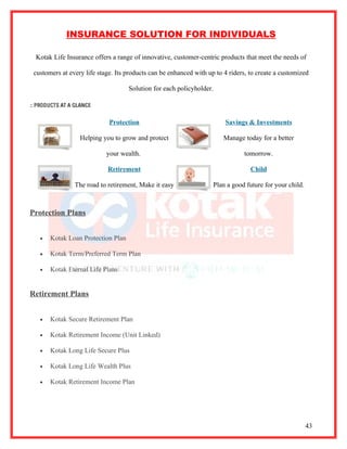 INSURANCE SOLUTION FOR INDIVIDUALS

 Kotak Life Insurance offers a range of innovative, customer-centric products that meet the needs of

 customers at every life stage. Its products can be enhanced with up to 4 riders, to create a customized

                                    Solution for each policyholder.



                             Protection                                 Savings & Investments

                  Helping you to grow and protect                       Manage today for a better

                            your wealth.                                       tomorrow.

                            Retirement                                            Child

                The road to retirement, Make it easy                Plan a good future for your child.



Protection Plans


   •   Kotak Loan Protection Plan

   •   Kotak Term/Preferred Term Plan

   •   Kotak Eternal Life Plans


Retirement Plans


   •   Kotak Secure Retirement Plan

   •   Kotak Retirement Income (Unit Linked)

   •   Kotak Long Life Secure Plus

   •   Kotak Long Life Wealth Plus

   •   Kotak Retirement Income Plan




                                                                                                         43
 