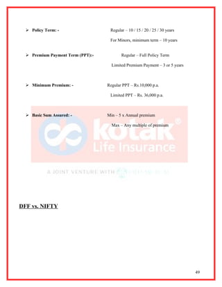  Policy Term: -                  Regular – 10 / 15 / 20 / 25 / 30 years

                                    For Minors, minimum term – 10 years


   Premium Payment Term (PPT):-          Regular – Full Policy Term

                                     Limited Premium Payment – 3 or 5 years



   Minimum Premium: -             Regular PPT – Rs.10,000 p.a.

                                    Limited PPT – Rs. 36,000 p.a.



   Basic Sum Assured: -           Min – 5 x Annual premium

                                     Max – Any multiple of premium




DFF vs. NIFTY




                                                                              49
 