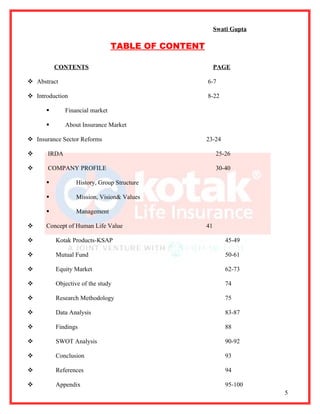Swati Gupta

                                 TABLE OF CONTENT

          CONTENTS                                       PAGE

 Abstract                                          6-7

 Introduction                                      8-22

             Financial market

             About Insurance Market

 Insurance Sector Reforms                          23-24

      IRDA                                              25-26

      COMPANY PROFILE                                   30-40

                 History, Group Structure

                 Mission, Vision& Values

                 Management

     Concept of Human Life Value                   41

         Kotak Products-KSAP                               45-49

         Mutual Fund                                       50-61

         Equity Market                                     62-73

         Objective of the study                            74

         Research Methodology                              75

         Data Analysis                                     83-87

         Findings                                          88

         SWOT Analysis                                     90-92

         Conclusion                                        93

         References                                        94

         Appendix                                          95-100
                                                                       5
 